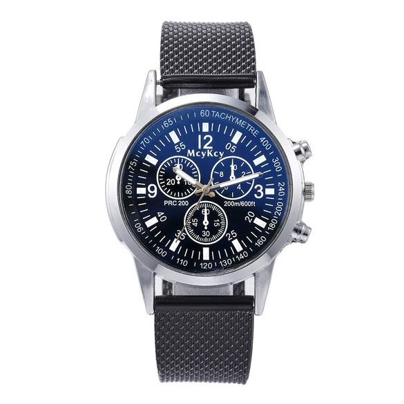 Men's Blue Light Threeeye Quartz Watch With Plastic Mesh Belt And Scale Calendar Alloy Case Silicone Strap Round Dial Plexiglass Mirror Pin Buckle Onion Crown Stainless Steel Clasp