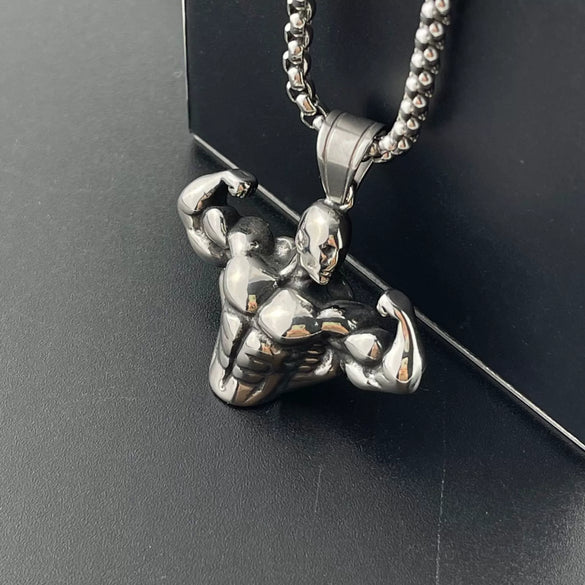 Men's Bodybuilding Arm Muscle Pendant Necklace Stainless Steel Retro Geometric Polished
