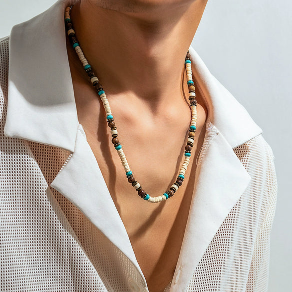 Men's Bohemian Geometric Wooden Bead And Coconut Shell Handmade Necklace