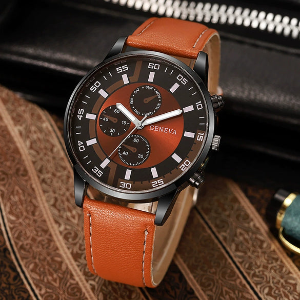 Men's Business Alloy Case Pu Strap Electronic Quartz Watch With Threeeye Sun Pattern And Round Dial
