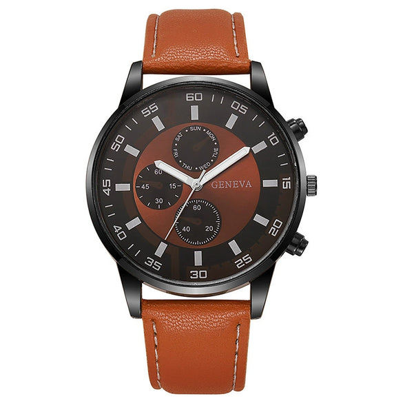 Men's Business Alloy Case Pu Strap Electronic Quartz Watch With Threeeye Sun Pattern And Round Dial