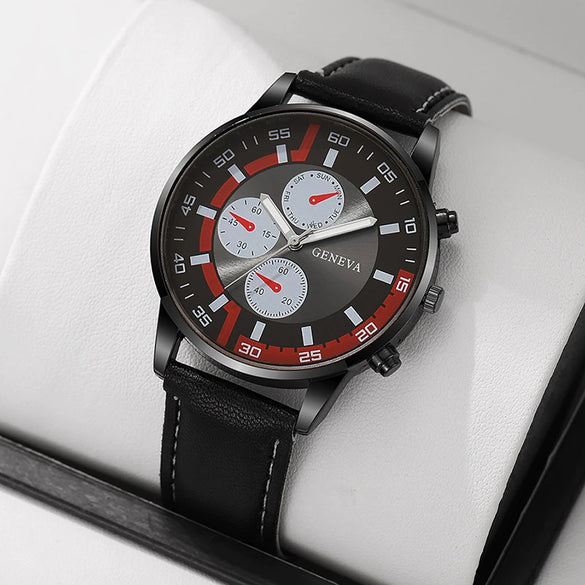 Men's Business Alloy Case Pu Strap Electronic Quartz Watch With Threeeye Sun Pattern And Round Dial
