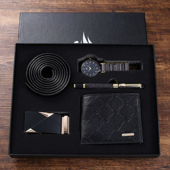 Men's Business Alloy Quartz Watch Gift Set With Stainless Steel Buckle And Round Dial