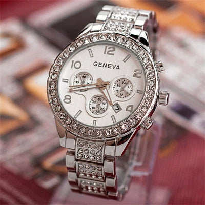 Men's Business Alloy Stainless Steel Round Dial Diamondencrusted Calendar Watch
