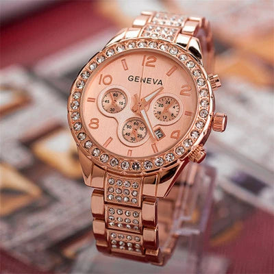 Men's Business Alloy Stainless Steel Round Dial Diamondencrusted Calendar Watch