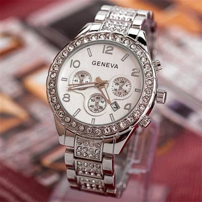 Men's Business Alloy Stainless Steel Round Dial Diamondencrusted Calendar Watch
