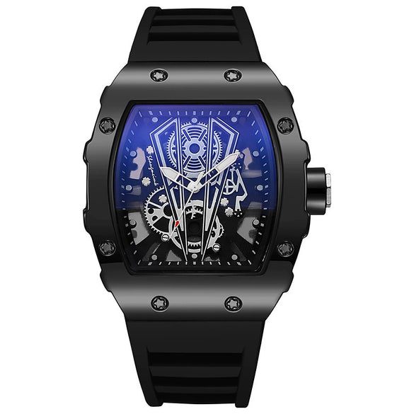 Men's Business Hollow Barrelshaped Quartz Watch Alloy Case Coated Glass Mirror Silicone Strap