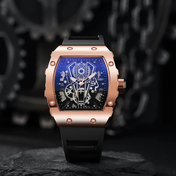 Men's Business Hollow Barrelshaped Quartz Watch Alloy Case Coated Glass Mirror Silicone Strap