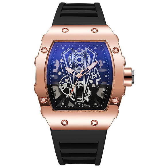 Men's Business Hollow Barrelshaped Quartz Watch Alloy Case Coated Glass Mirror Silicone Strap