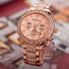 Men's Business Leisure Watch With Three Eye Belt Calendar Diamond Encrusted Alloy Case And Strap Round Dial Stainless Steel Clasp Spiral Crown Ordinary Glass Mirror