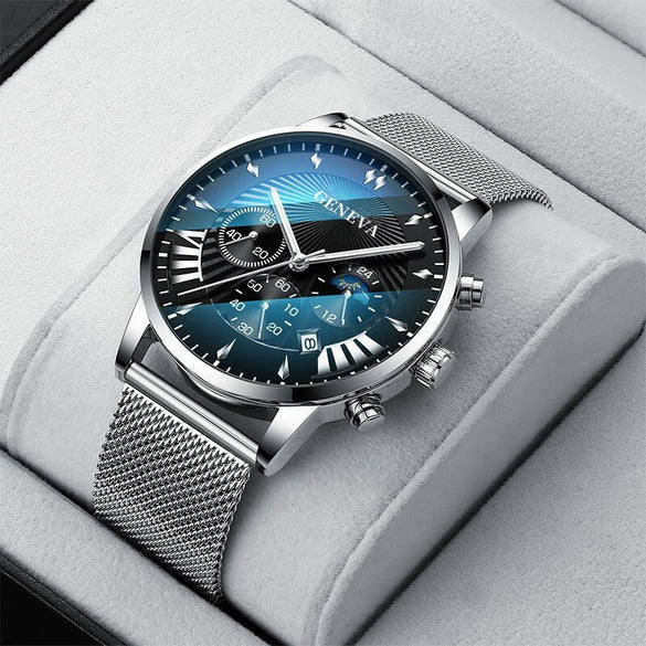 Men's Business Mesh Belt Watch Alloy Case Stainless Steel Strap Round Dial Quartz Watch