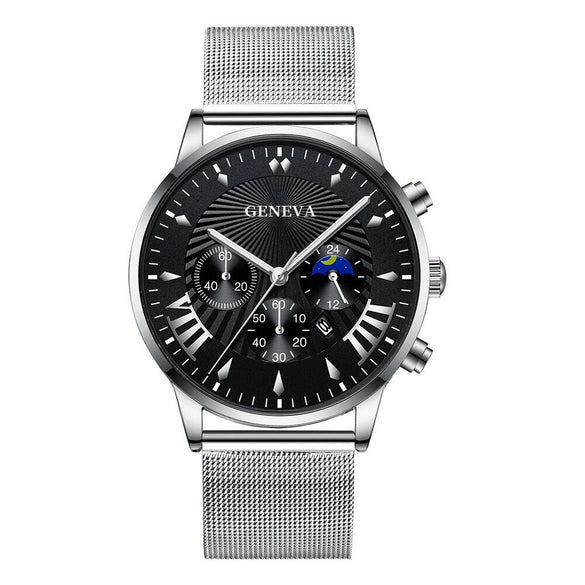 Men's Business Mesh Belt Watch Alloy Case Stainless Steel Strap Round Dial Quartz Watch