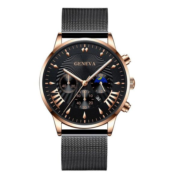 Men's Business Mesh Belt Watch Alloy Case Stainless Steel Strap Round Dial Quartz Watch