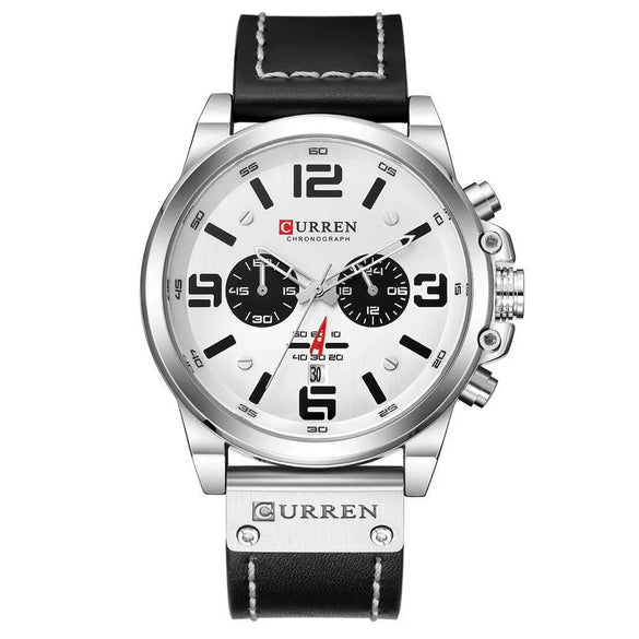 Men's Business Multifunction Automatic Date Waterproof Quartz Watch With Round Dial Stainless Steel Clasp Leather Strap And Alloy Case