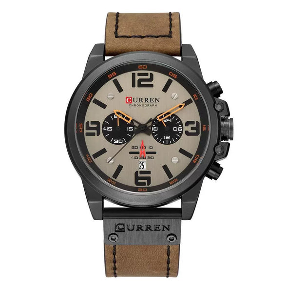Men's Business Multifunction Automatic Date Waterproof Quartz Watch With Round Dial Stainless Steel Clasp Leather Strap And Alloy Case