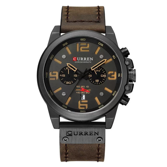 Men's Business Multifunction Automatic Date Waterproof Quartz Watch With Round Dial Stainless Steel Clasp Leather Strap And Alloy Case