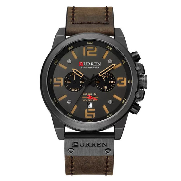Men's Business Multifunction Automatic Date Waterproof Quartz Watch With Round Dial Stainless Steel Clasp Leather Strap And Alloy Case