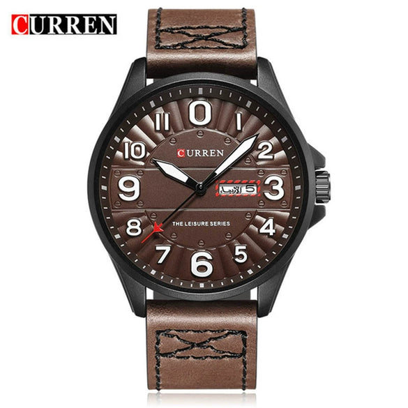 Men's Business Quartz Casual Calendar Watch With Alloy Case Genuine Leather Strap Stainless Steel Clasp And Round Dial