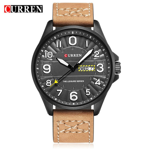 Men's Business Quartz Casual Calendar Watch With Alloy Case Genuine Leather Strap Stainless Steel Clasp And Round Dial