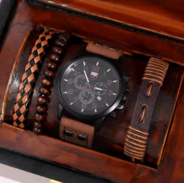Men's Business Quartz Watch And Allmatch Beaded Bracelet Set Alloy Case Imitation Leather Strap Stainless Steel Clasp Round Dial Mineral Strengthened Mirror