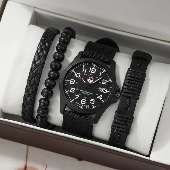 Men's Business Quartz Watch And Allmatch Beaded Bracelet Set Alloy Case Imitation Leather Strap Stainless Steel Clasp Round Dial Mineral Strengthened Mirror