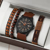 Men's Business Quartz Watch And Allmatch Beaded Bracelet Set Alloy Case Imitation Leather Strap Stainless Steel Clasp Round Dial Mineral Strengthened Mirror