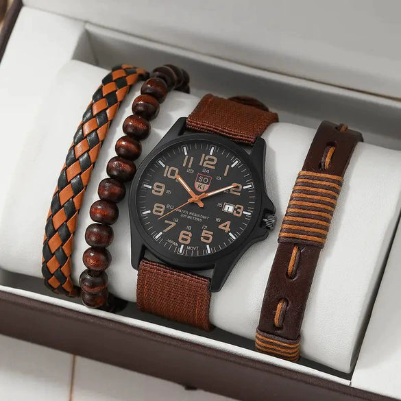 Men's Business Quartz Watch And Allmatch Beaded Bracelet Set Alloy Case Imitation Leather Strap Stainless Steel Clasp Round Dial Mineral Strengthened Mirror