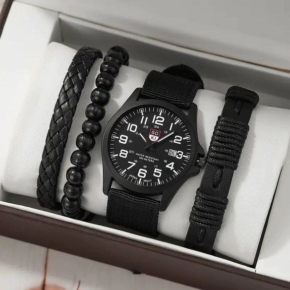 Men's Business Quartz Watch And Allmatch Beaded Bracelet Set Alloy Case Imitation Leather Strap Stainless Steel Clasp Round Dial Mineral Strengthened Mirror