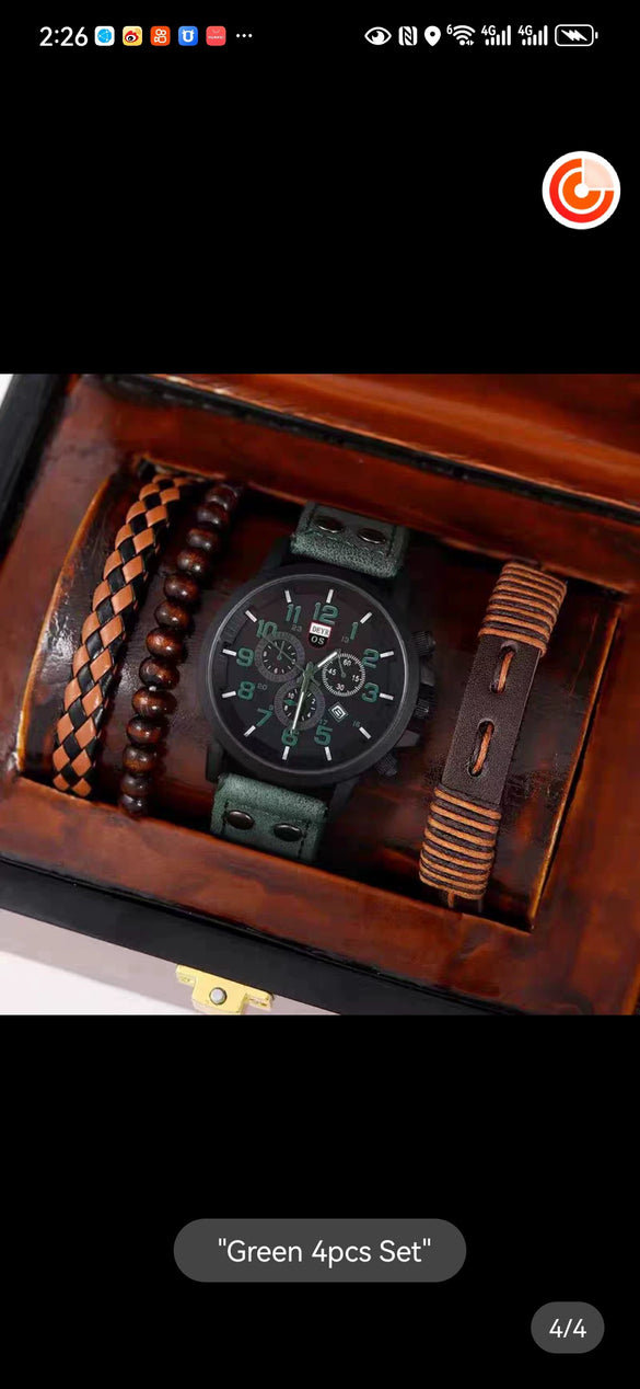 Men's Business Quartz Watch And Allmatch Beaded Bracelet Set Alloy Case Imitation Leather Strap Stainless Steel Clasp Round Dial Mineral Strengthened Mirror