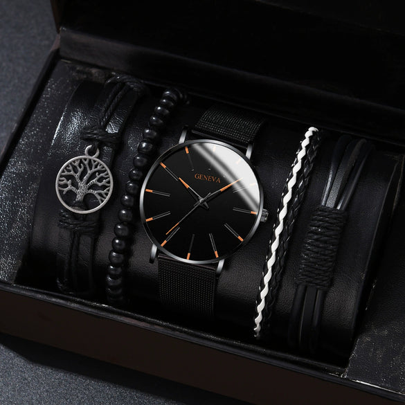 Men's Business Quartz Watch And Bracelet Set Alloy Case Imitation Leather Strap Stainless Steel Buckle Round Dial