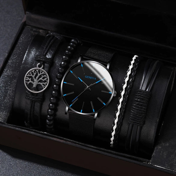 Men's Business Quartz Watch And Bracelet Set Alloy Case Imitation Leather Strap Stainless Steel Buckle Round Dial
