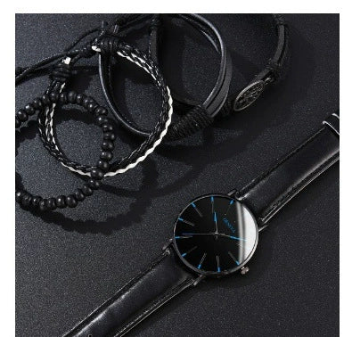 Men's Business Quartz Watch And Bracelet Set Alloy Case Imitation Leather Strap Stainless Steel Buckle Round Dial