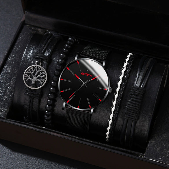 Men's Business Quartz Watch And Bracelet Set Alloy Case Imitation Leather Strap Stainless Steel Buckle Round Dial