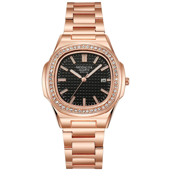 Men's Business Quartz Watch Steel Alloy Square With Diamond Scale Calendar