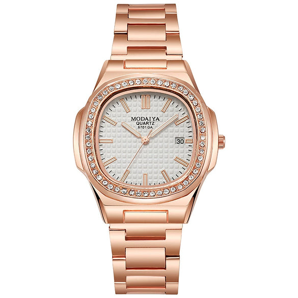 Men's Business Quartz Watch Steel Alloy Square With Diamond Scale Calendar