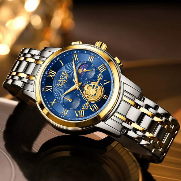 Men's Business Quartz Watch Zinc Alloy Case Stainless Steel Strap Round Dial Multifunctional Waterproof