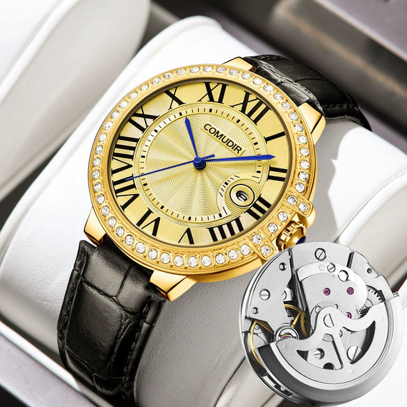 Men's Business Style Alloy Case And Strap Round Dial Luminous Calendar Waterproof Mechanical Watch