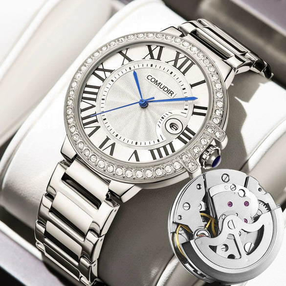 Men's Business Style Alloy Case And Strap Round Dial Luminous Calendar Waterproof Mechanical Watch