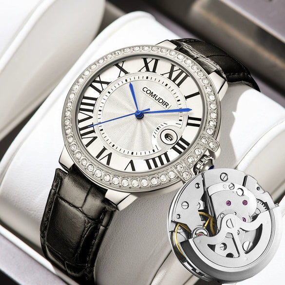 Men's Business Style Alloy Case And Strap Round Dial Luminous Calendar Waterproof Mechanical Watch