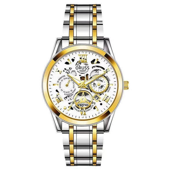 Men's Business Style Alloy Case And Strap Round Dial Waterproof Luminous Hollowout Diamond Set Watch