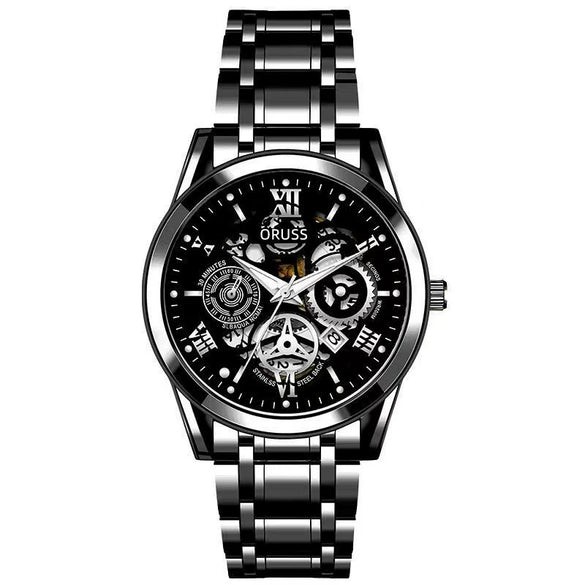 Men's Business Style Alloy Case And Strap Round Dial Waterproof Luminous Hollowout Diamond Set Watch