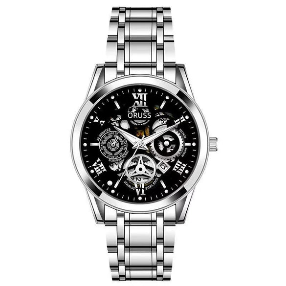 Men's Business Style Alloy Case And Strap Round Dial Waterproof Luminous Hollowout Diamond Set Watch