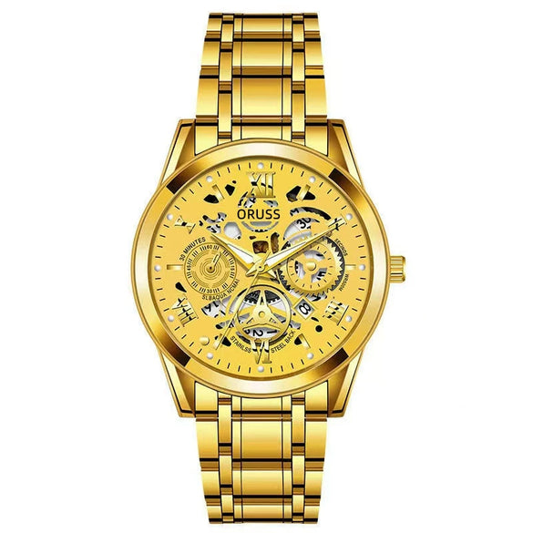 Men's Business Style Alloy Case And Strap Round Dial Waterproof Luminous Hollowout Diamond Set Watch