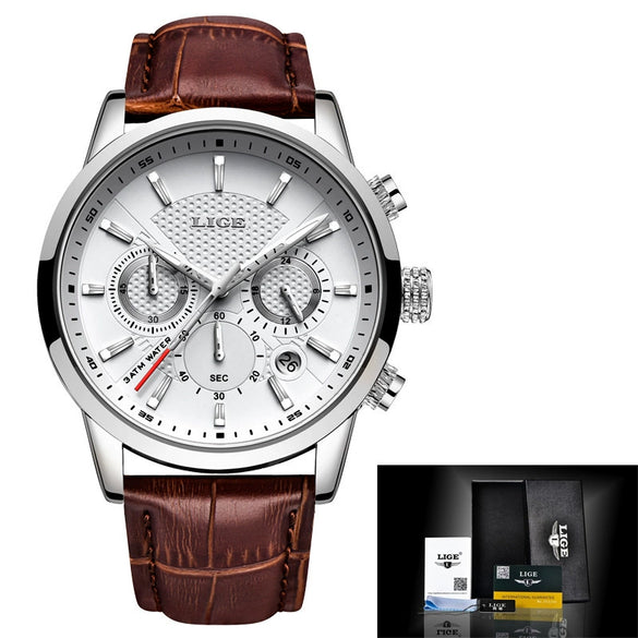Men's Business Style Alloy Case Leather Belt Round Dial Sixpin Chronograph Calendar Watch