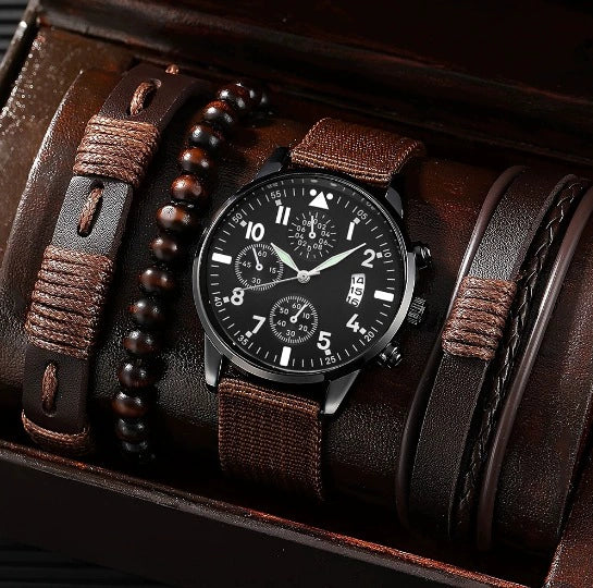 Men's Business Style Alloy Case Mineral Reinforced Glass Mirror Canvas Quartz Bracelet Watch With Single Calendar And Spiral Crown
