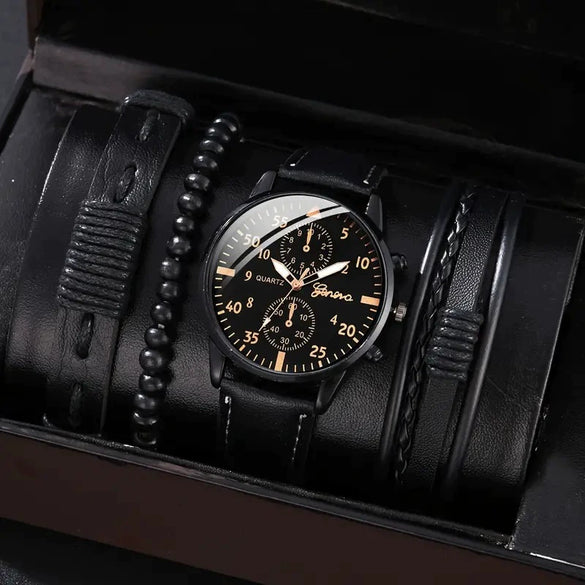 Men's Business Style Alloy Case Mineral Reinforced Glass Mirror Stainless Steel Buckle Imitation Leather Strap Round Dial Quartz Watch