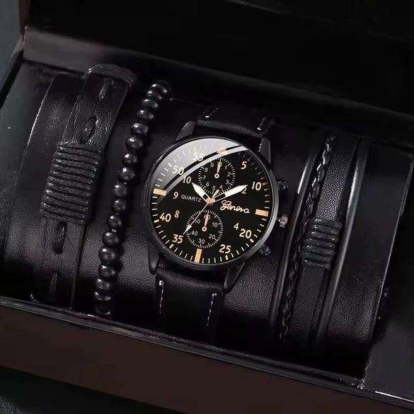 Men's Business Style Alloy Case Mineral Reinforced Glass Mirror Stainless Steel Buckle Imitation Leather Strap Round Dial Quartz Watch