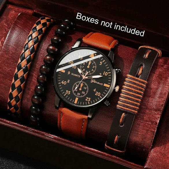Men's Business Style Alloy Case Mineral Reinforced Glass Mirror Stainless Steel Buckle Imitation Leather Strap Round Dial Quartz Watch