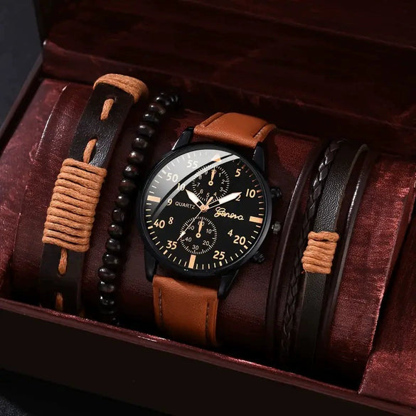 Men's Business Style Alloy Case Mineral Reinforced Glass Mirror Stainless Steel Buckle Imitation Leather Strap Round Dial Quartz Watch