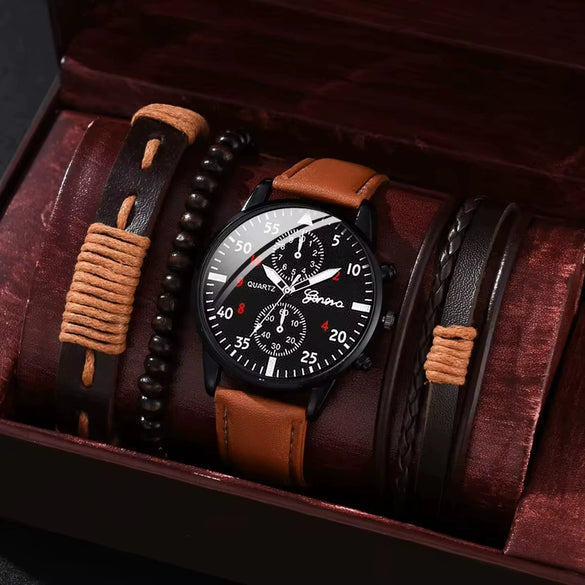 Men's Business Style Alloy Case Mineral Reinforced Glass Mirror Stainless Steel Buckle Imitation Leather Strap Round Dial Quartz Watch